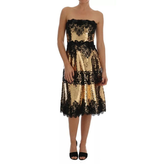 Dolce & Gabbana Gold Strapless Sequin Embellished Lace Dress Dolce & Gabbana