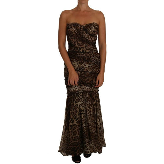 Dolce & Gabbana Brown Leopard Silk Chiffon Ruched Mermaid Maxi Dress Dolce & Gabbana