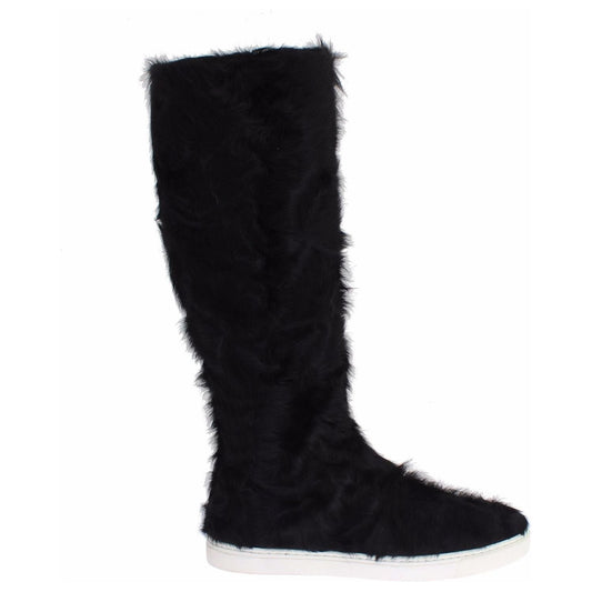 Dolce & Gabbana Elegant Black Fur Leather Flat Sneaker Boots Dolce & Gabbana Black