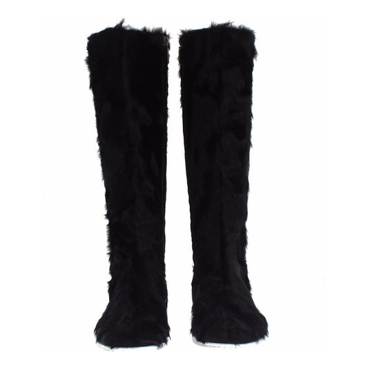 Dolce & Gabbana Elegant Black Fur Leather Flat Sneaker Boots Dolce & Gabbana Black