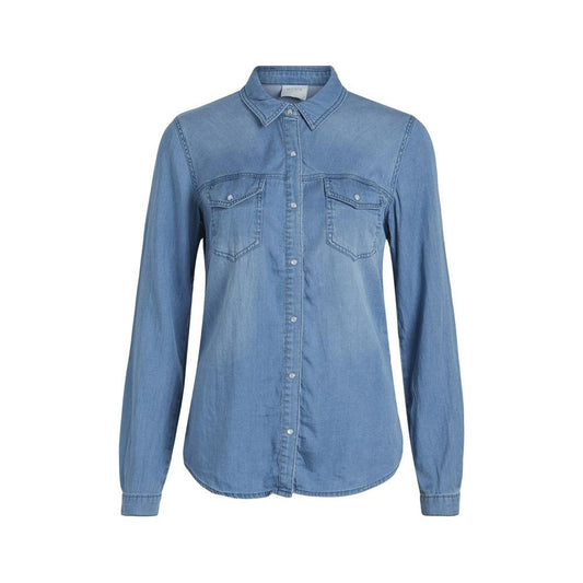 Vila Clothes Light Blue Cotton Shirt Vila Clothes Light Slate Gray