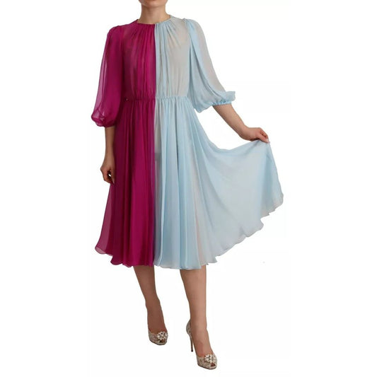 Dolce & Gabbana Fuchsia Light Blue Silk Two Tone Midi Dress Dolce & Gabbana