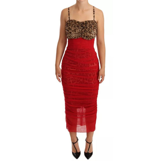 Dolce & Gabbana Brown Leopard Red Tulle Sheath Midi Dress Dolce & Gabbana