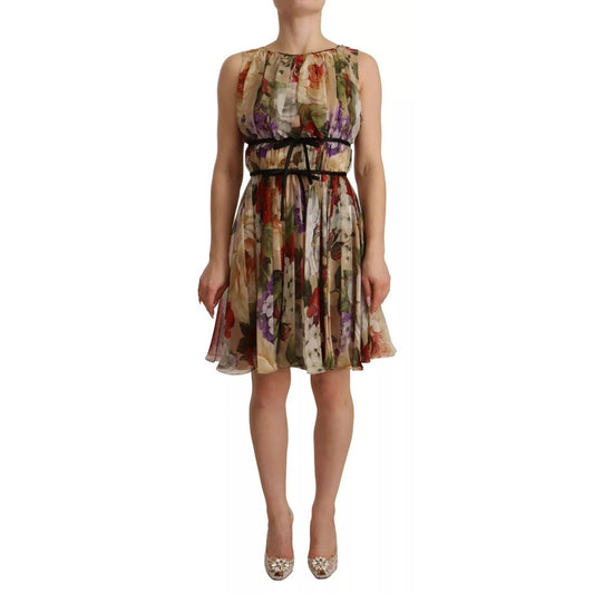 Dolce & Gabbana Beige Floral Sleeveless Round Neck Mini Dress Dolce & Gabbana
