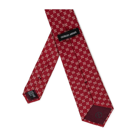 Giorgio Armani red silk jacquard tie with symmetrical pattern, made in Italy, showing internal label and SKU 24OTT328.