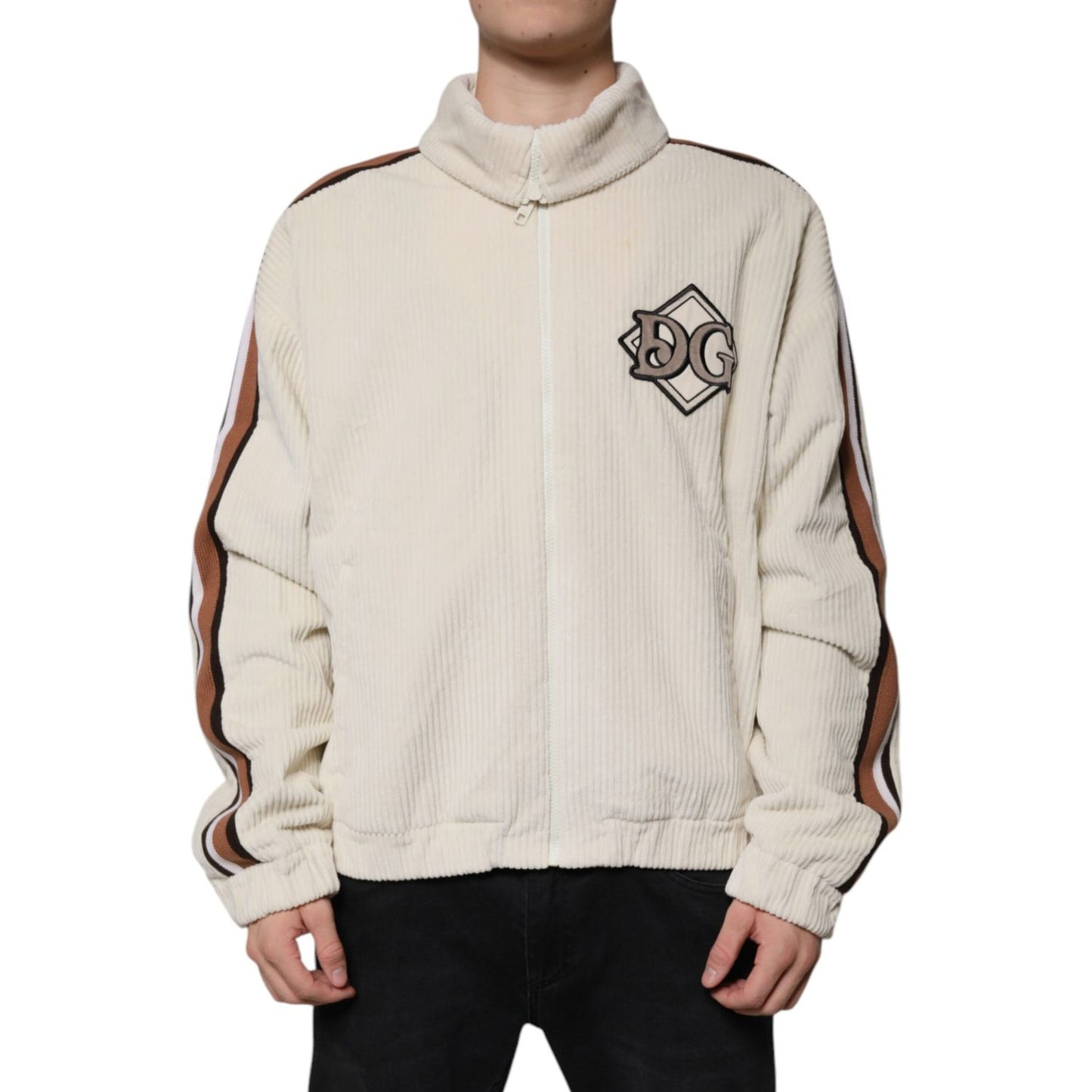 Dolce & Gabbana Beige Logo Applique Cotton Corduroy Full Zip Jacket Dolce & Gabbana