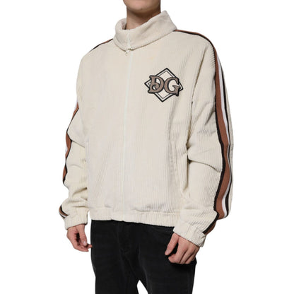 Dolce & Gabbana Beige Logo Applique Cotton Corduroy Full Zip Jacket Dolce & Gabbana