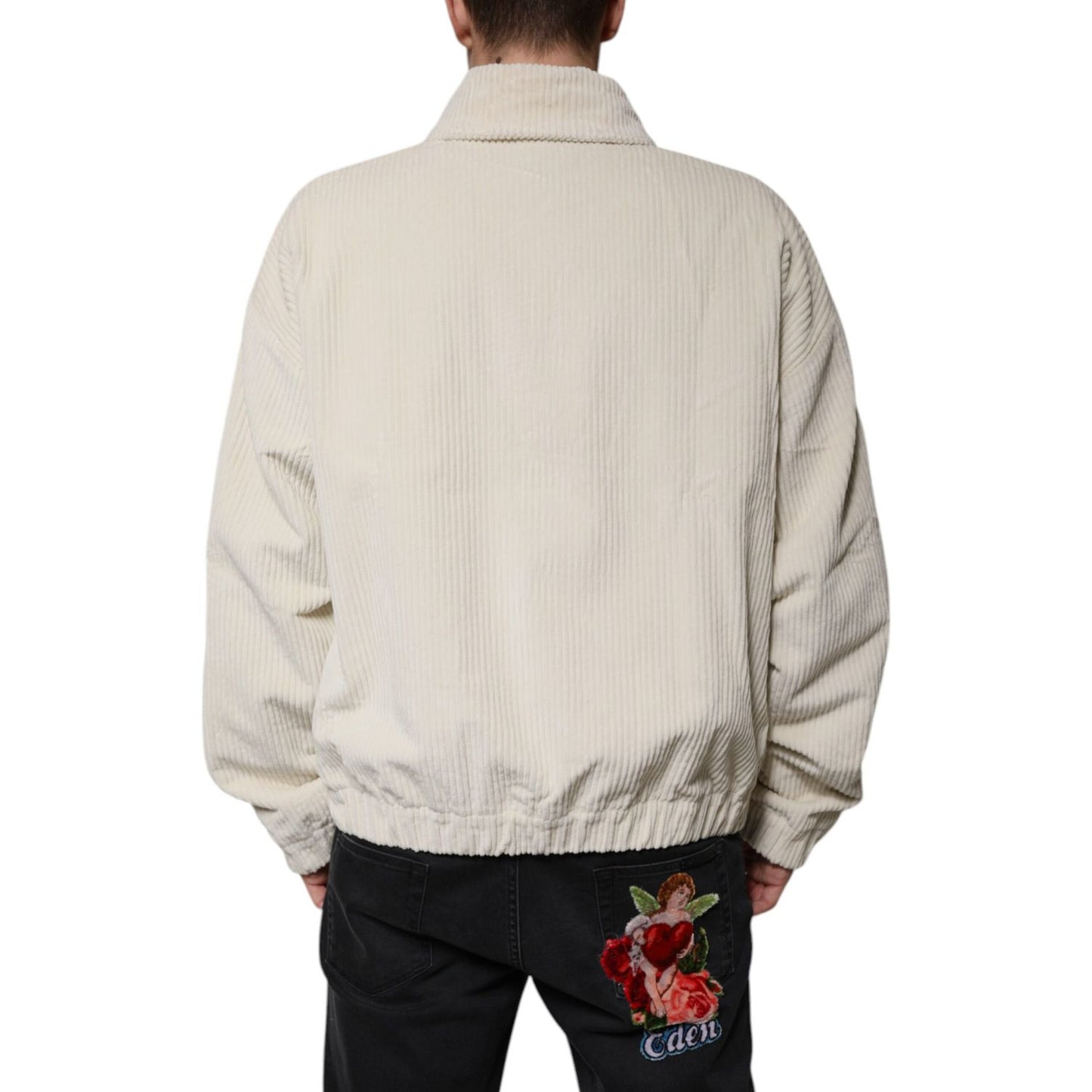 Dolce & Gabbana Beige Logo Applique Cotton Corduroy Full Zip Jacket Dolce & Gabbana