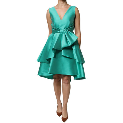 Alberta Ferretti Green Satin Polyester Sleeveless V-neck Layered Dress Alberta Ferretti