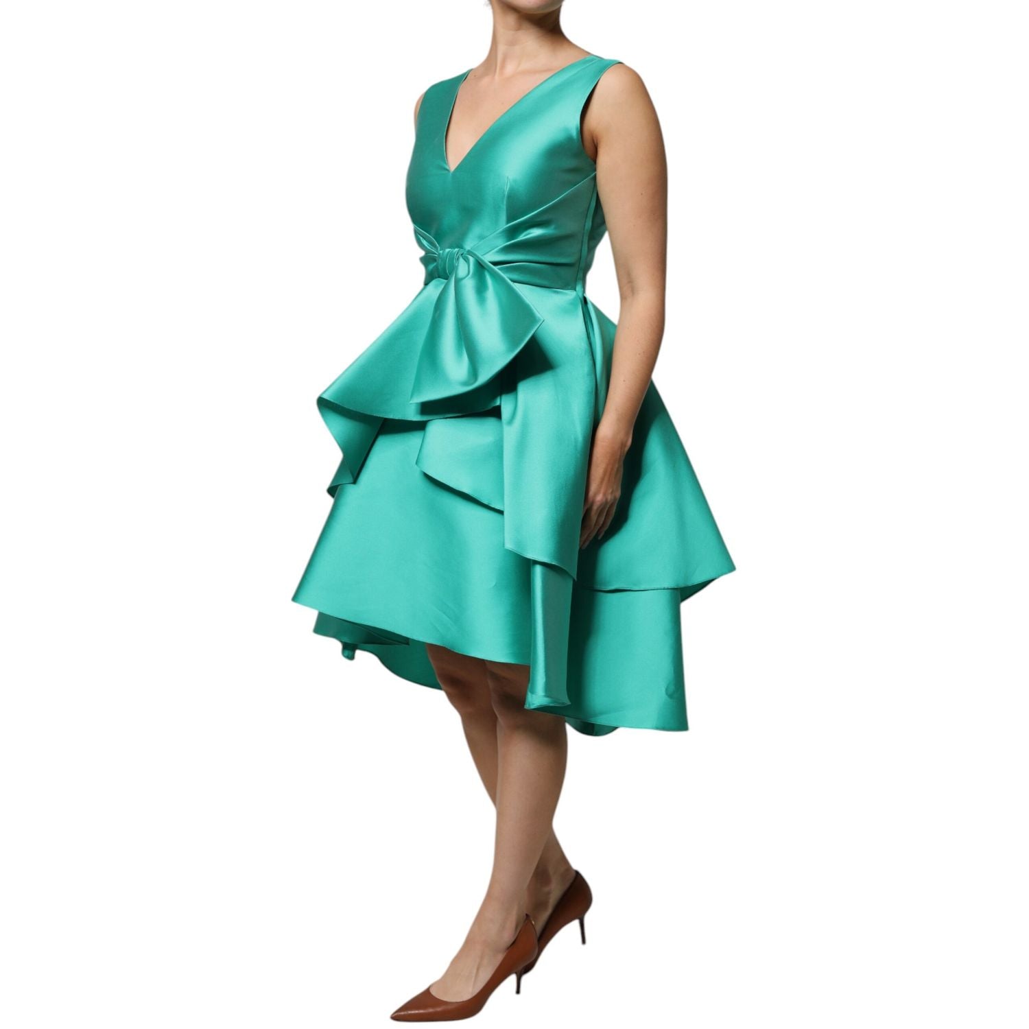 Alberta Ferretti Green Satin Polyester Sleeveless V-neck Layered Dress