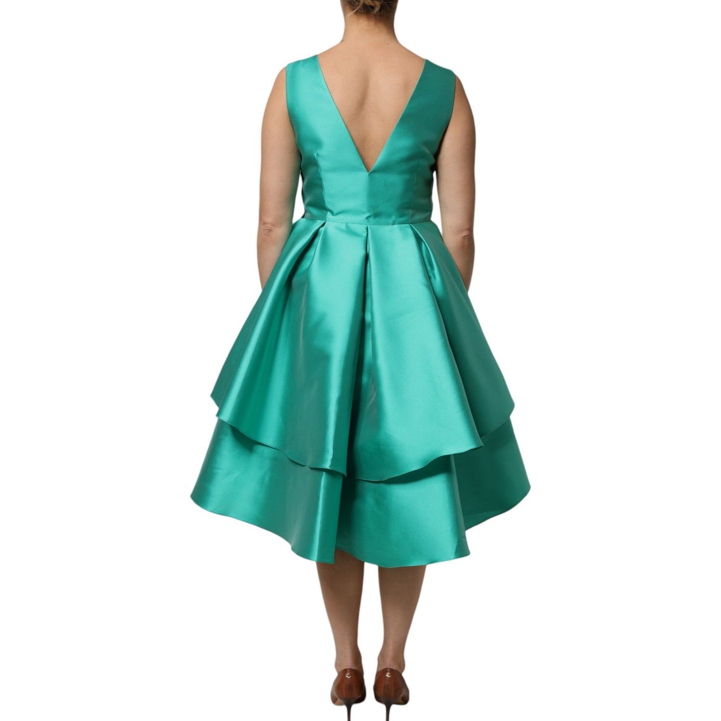 Alberta Ferretti Green Satin Polyester Sleeveless V-neck Layered Dress Alberta Ferretti