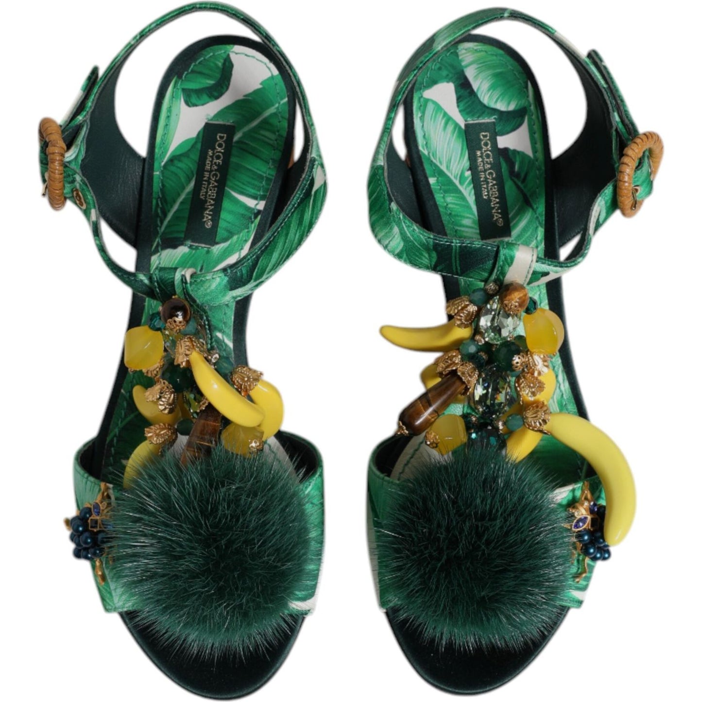 Dolce & Gabbana Green Crystal Fur Embellished Sandals Shoes LA12449-36.5