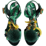 Dolce & Gabbana Green Crystal Fur Embellished Sandals Shoes LA12449-36.5