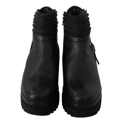 Ovyé Black Leather Zipper Ankle Boots Shoes