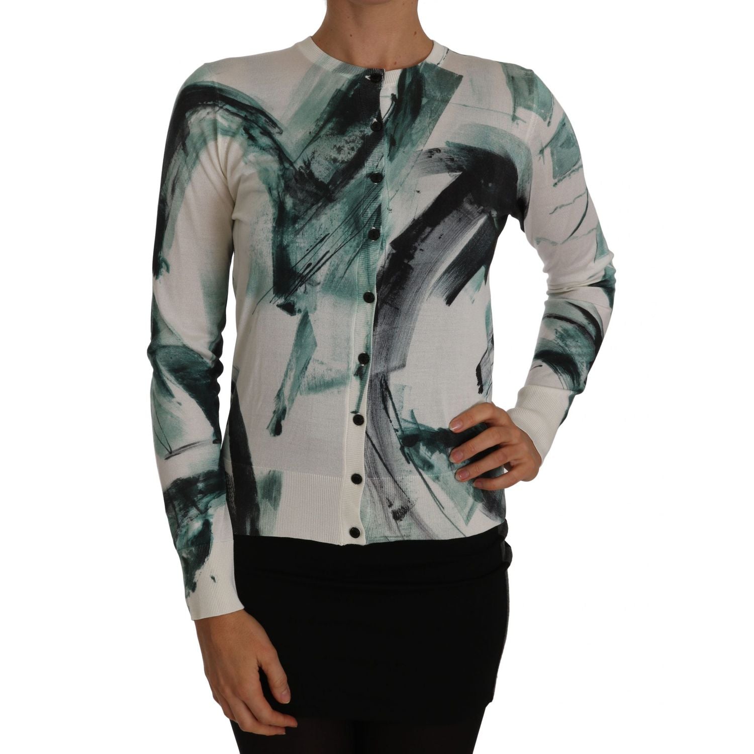 Dolce & Gabbana White Silk Cardigan Lightweight Paint Stroke Sweater