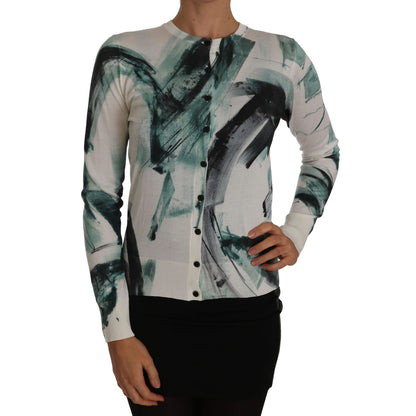Dolce & Gabbana White Silk Cardigan Lightweight Paint Stroke Sweater