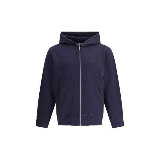 C.P. Company cotton hoodie with zipper, drawstring hood, welt pockets, ribbed cuffs, hem, and embroidered monogram, navy color.