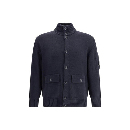 C.P. Company cotton cardigan with ribbed collar, front button closure, and two flap welt pockets for stylish functionality.