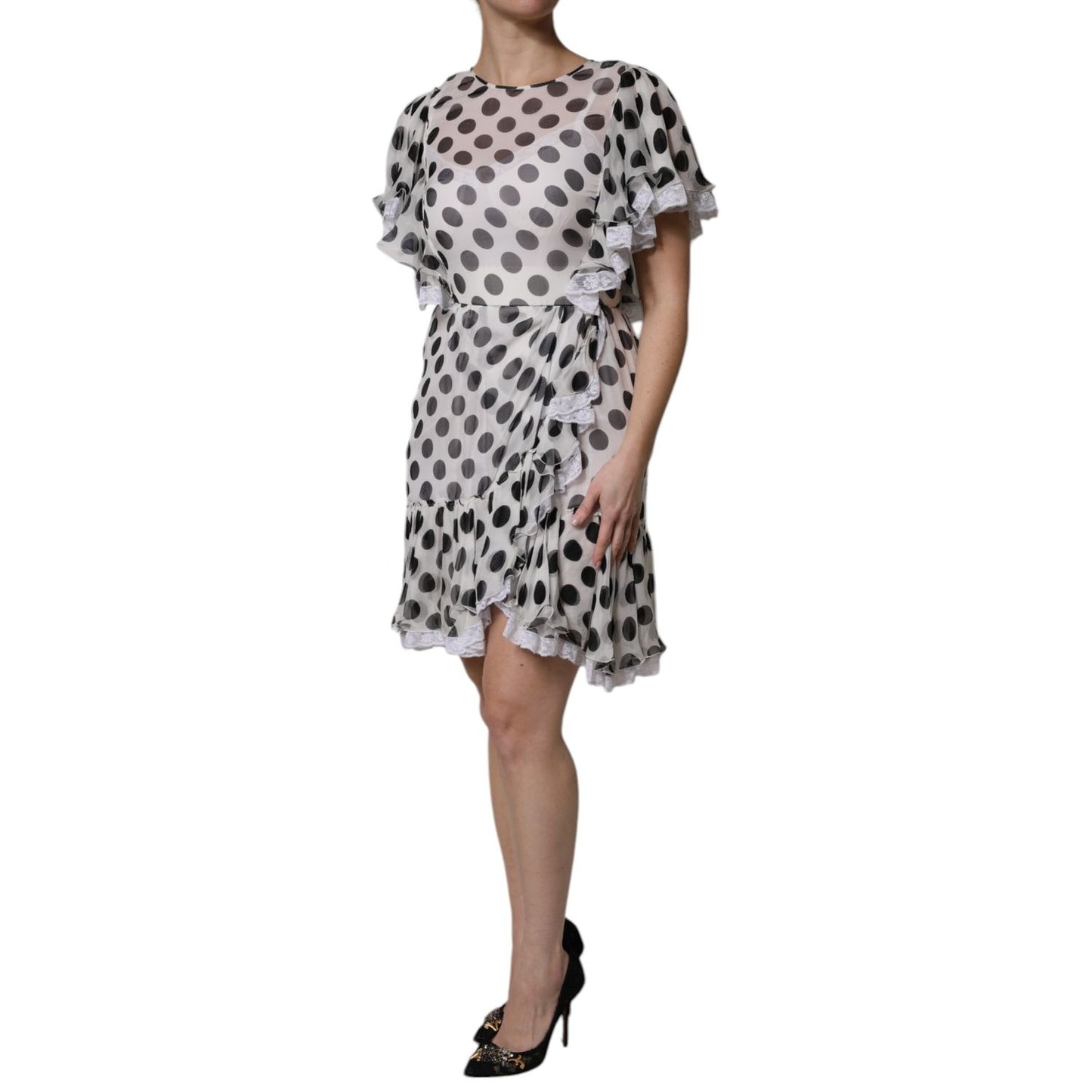 Dolce & Gabbana White Polka Dotted Silk Blend A-line Dress Dolce & Gabbana