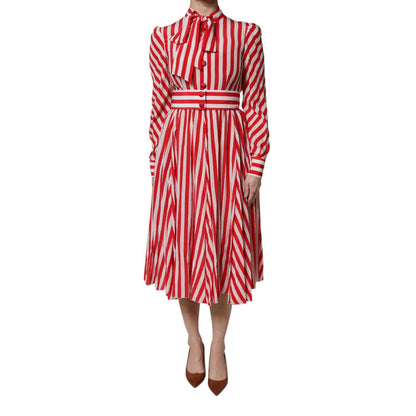 Dolce & Gabbana White Red Stripes Long Sleeves Midi Dress Dolce & Gabbana