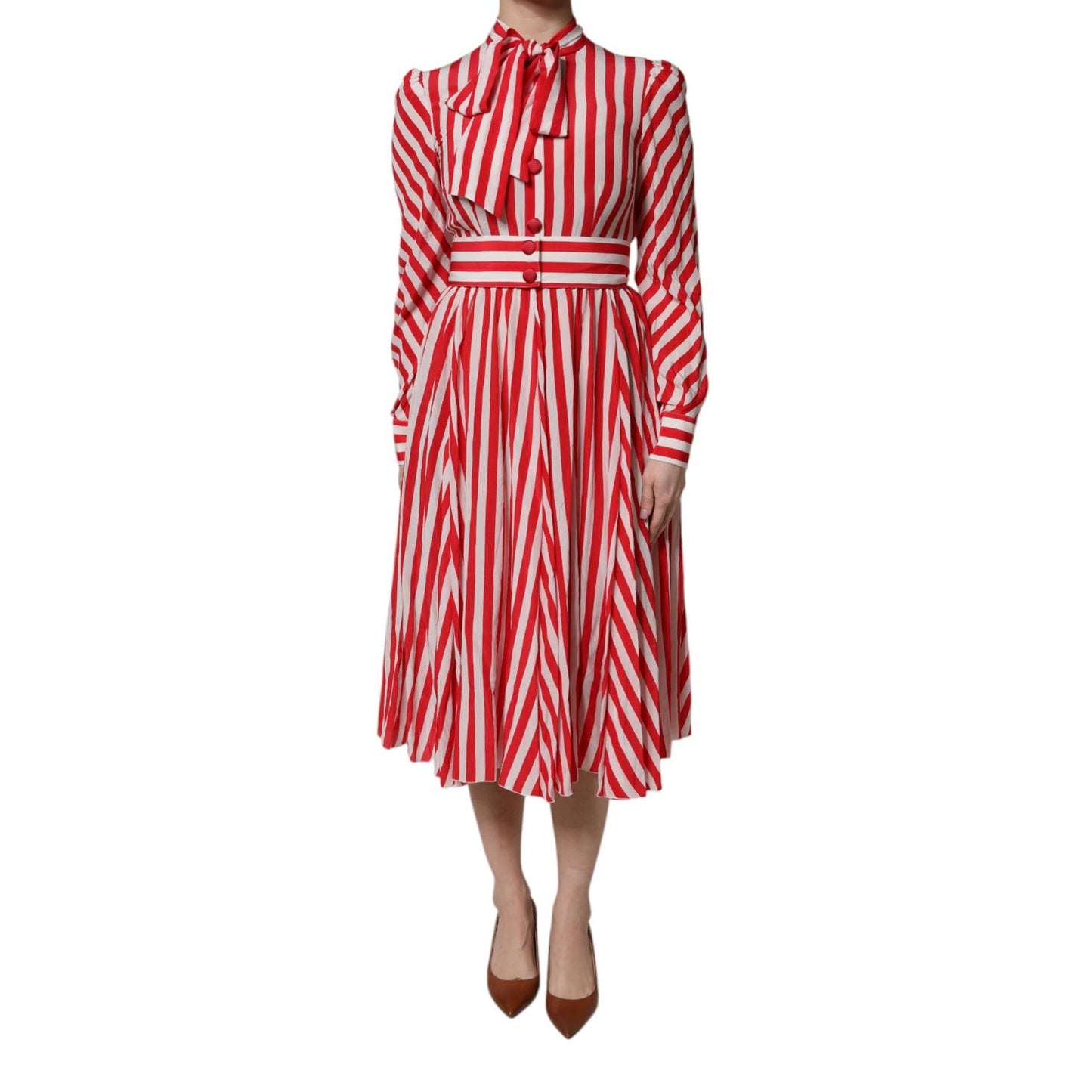 Dolce & Gabbana White Red Stripes Long Sleeves Midi Dress Dolce & Gabbana