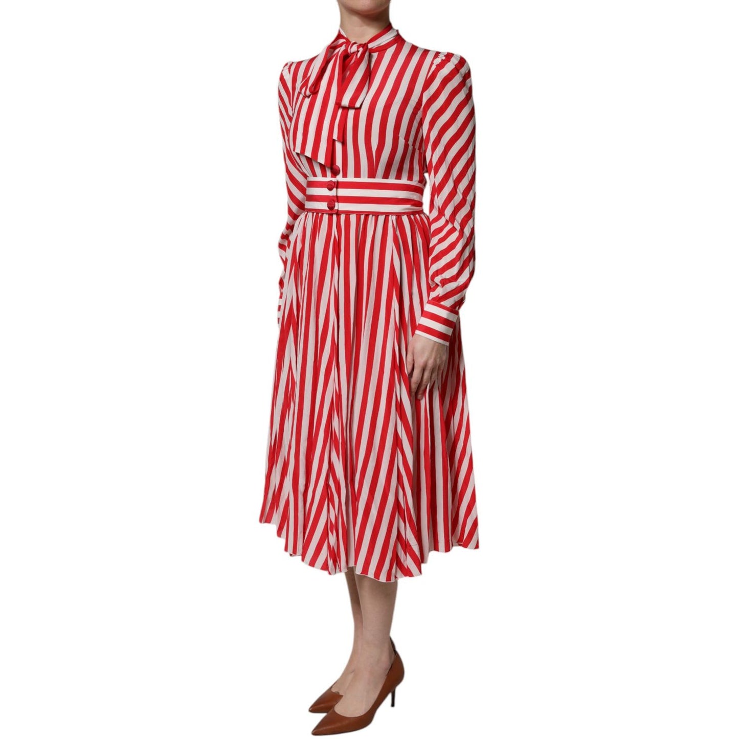 Dolce & Gabbana White Red Stripes Long Sleeves Midi Dress Dolce & Gabbana