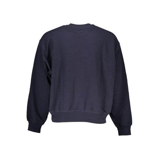 Back view of a blue Tommy Hilfiger crew neck sweater with long sleeves, showcasing its sustainable blend of cotton and polyester.