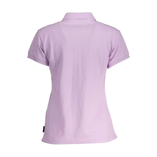 Back view of North Sails pink cotton women's polo shirt showcasing short sleeves and classic collar design.