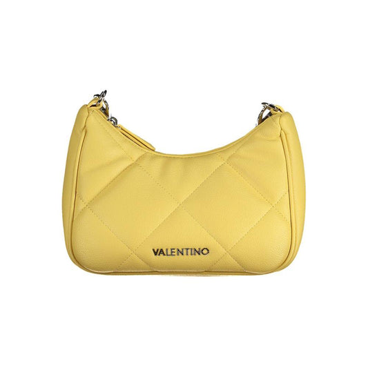 Valentino yellow polyethylene handbag with removable chain handle, adjustable shoulder strap, internal pockets, and logo detail.