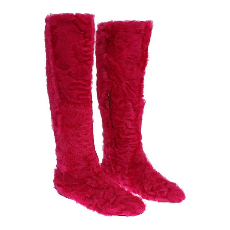 Dolce & Gabbana Pink Lamb Fur Leather Flat Boots 1728,67345645728,Boots - Shoes,Boots - Women - Shoes,Dolce & Gabbana,EU38/US7.5,Flat - Boots - Shoes,Material: 100% Lambskin fur leather,New with tags,Pink,Shoes,Women,Women - Shoes