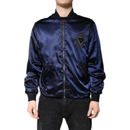 Dolce & Gabbana Blue Nylon DG Crown Full Zip Bomber Jacket Dolce & Gabbana