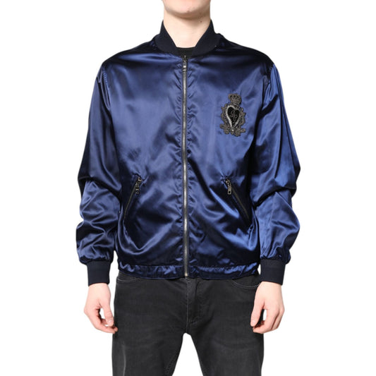 Dolce & Gabbana Blue Nylon DG Crown Full Zip Bomber Jacket Dolce & Gabbana
