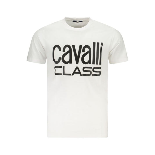 Cavalli Class white cotton men's T-shirt with bold logo, crew neck, short sleeves, and striking design.