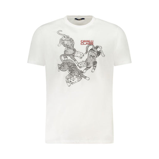 Cavalli Class white cotton men's T-shirt with bold print and iconic logo, short sleeve crew neck design, sophisticated fashion.