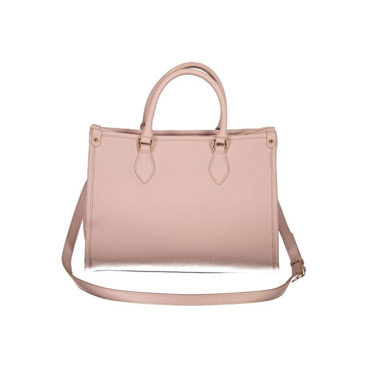 Valentino pink polyethylene handbag with two handles, adjustable strap, internal pocket, and logo. Sustainable and stylish.