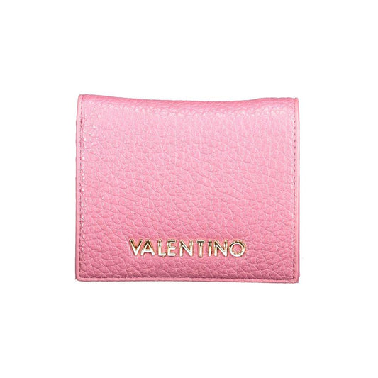 Valentino pink polyethylene wallet with logo, featuring coin purse, card spaces, automatic closure, made of recycled materials.