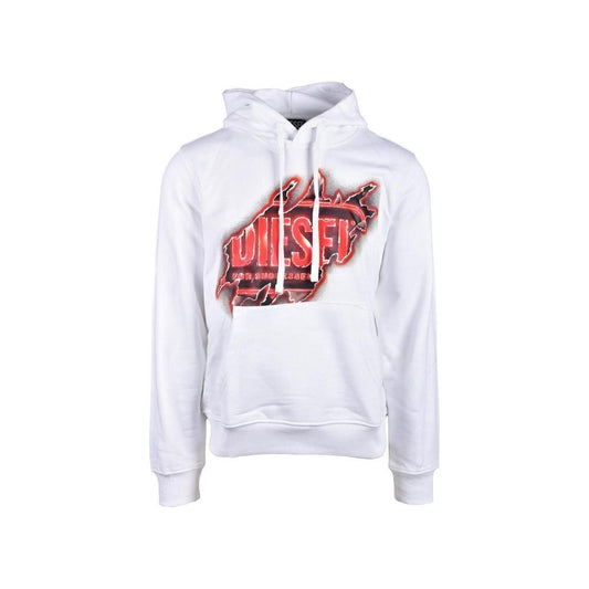 Diesel white cotton hoodie with distinctive logo, front pocket, and adjustable hood, perfect for a casual and modern style.