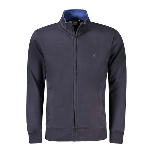 Coveri Moving Blue Cotton Men's Sweater with zip-up design, dual pockets, subtle embroidery, and logo detail.