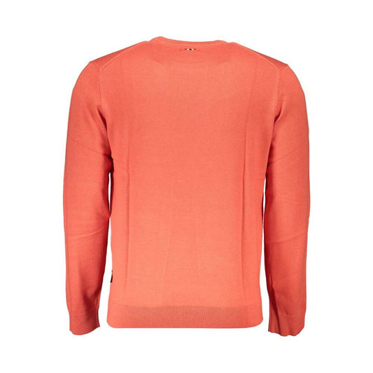 Napapijri red cotton men's sweater back view with crew neck and embroidery detail, showcasing classic and trendy design.