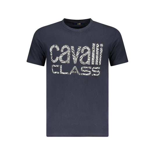 Cavalli Class Blue Cotton Men's T-Shirt with logo, short sleeves, and crew neck for modern luxury and style.