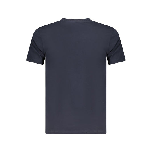 Back view of Cavalli Class blue cotton men's T-shirt with short sleeves and crew neck, featuring a luxurious designer style.