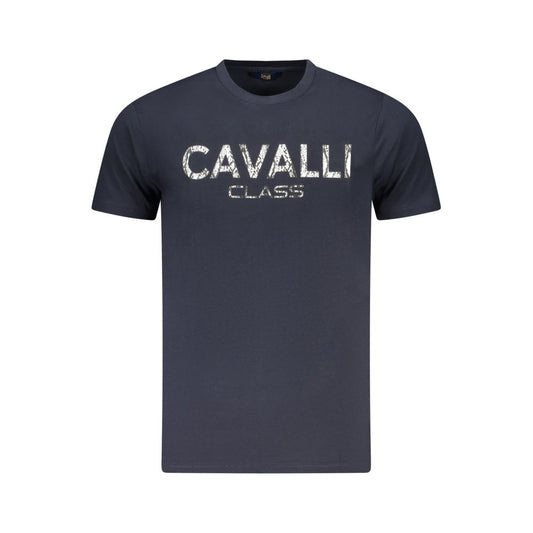 Cavalli Class blue cotton men's t-shirt with bold logo print and crew neck design, epitome of casual sophistication.