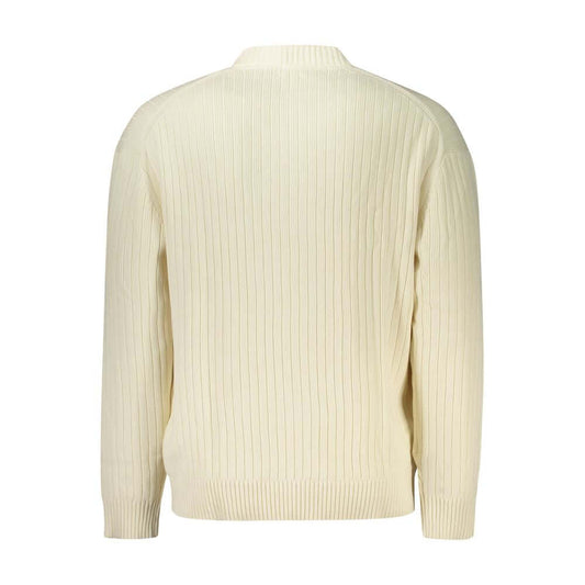 Back view of Calvin Klein white cotton men's sweater showcasing ribbed design for style and comfort.
