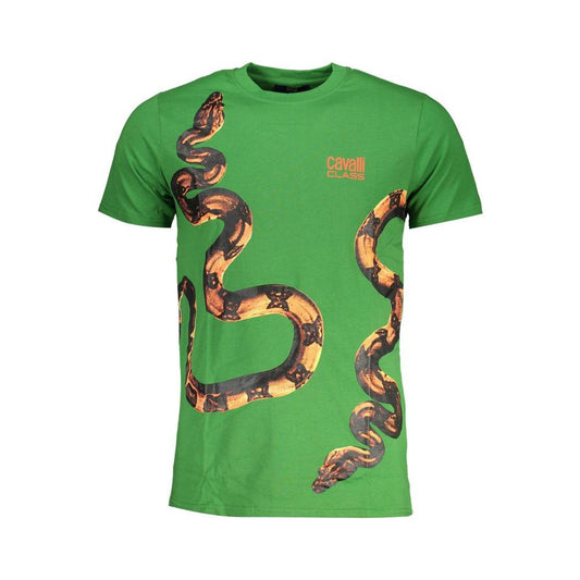Cavalli Class green cotton t-shirt with bold snake print, short sleeves, and crew neck. Stylish design featuring brand's logo.