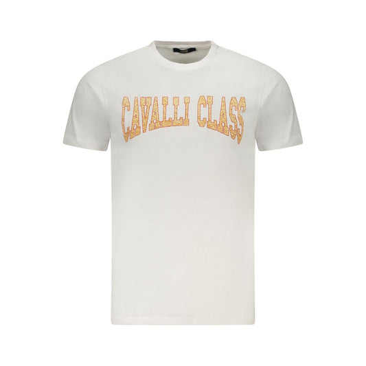 Cavalli Class white cotton men's t-shirt with bold print and logo, luxury fashion, short-sleeve tee for casual or elevated looks.