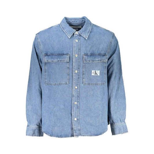 Calvin Klein light blue cotton men's shirt with two front pockets and Italian collar, showcasing casual sophistication.
