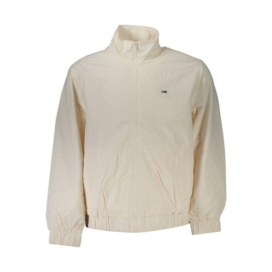 Tommy Hilfiger white men's jacket with elastic cuffs and waist, featuring two outside pockets and a zip closure for a stylish, eco-friendly look.
