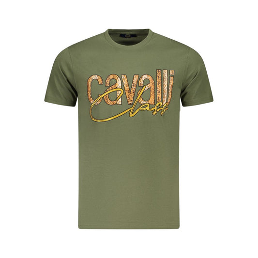 Cavalli Class green cotton men's t-shirt with logo print, elegant crewneck, and short sleeves exuding contemporary sophistication and style.