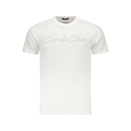 Cavalli Class white cotton men's T-shirt with logo, crew neck, and bold print, showcasing refined contemporary style and casual sophistication.