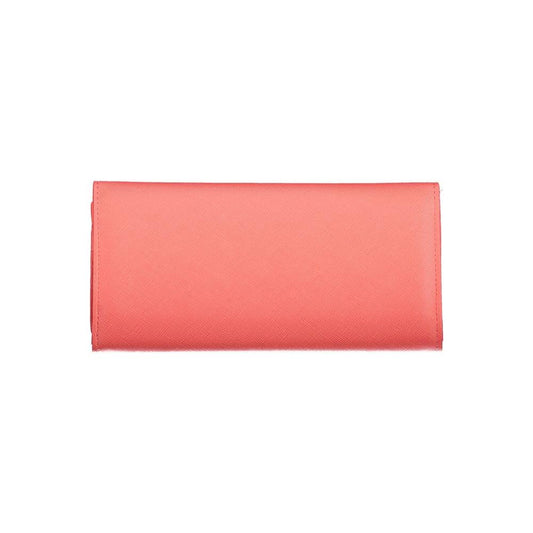 Valentino Bags pink polyethylene wallet with 3 compartments, coin purse, card slots, zip and snap closure, and logo detail.
